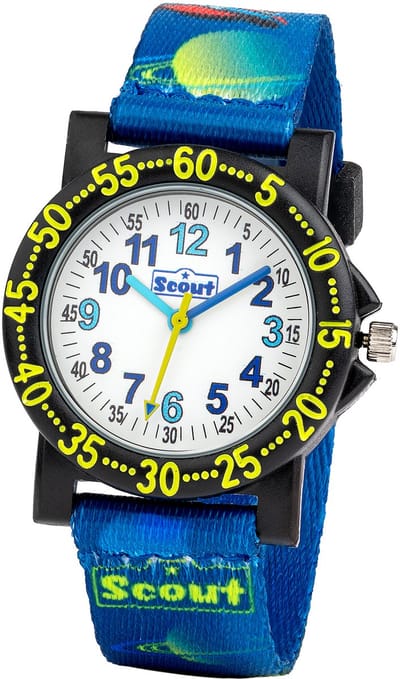 Scout Kinderuhr analog aus der Serie "The IT Collection" mit blauem Textilband, Weltraum-Motiven und Quarzwerk