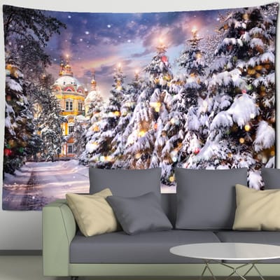Tapisserie murale à suspendre, série sapin de Noël, style bohème, scène de neige, sorcellerie, décoration de salon, maison 95x70cm white