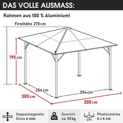 Tuinpaviljoen 3x3 m Hardtop Aluminium met LED Verlichting en Polycarbonaat Dak 6 mm – Waterdicht, UV-Bescherming, Inclusief Muggennet en Zijpanelen, Winterbestendig Grijs – Laura