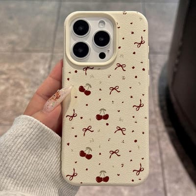 Coque de téléphone Cerise Pour iPhone 11 Coque iPhone 13 15 14 12 16 Pro Max 14 15 16 Plus Antichoc Cuir Souple Mignon Cœur Nœud Housse For iPhone 14 Plus beige