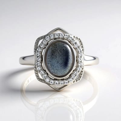 Cavill - Elegante Damesring - 925 Sterling Zilver Platina Geplateerd - Roze Minary Labradoriet 1 895 ct Ovaal - 30 Pavé Zirkonia