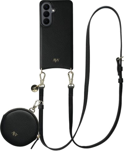 AVY Leren Hoesje geschikt voor Samsung Galaxy S26 Plus | Met Koord en Mini Telefoontasje | Compatibel met MagSafe | Leather Case met 130CM Koord & Pouch | Long Leather | Zwart