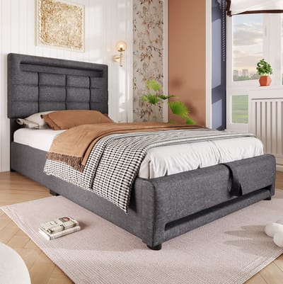 MEUNIQ Normaal bed 90x200 cm met LED-verlichting, USB-aansluiting en hydraulische opbergruimte, gestoffeerd linnen bedframe voor slaapkamer, grijs