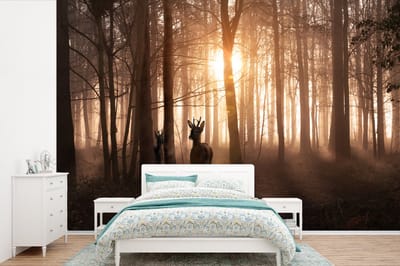 Behang - Fotobehang Bos - Hert - Zon - Bomen - Winter - Natuur - Dieren - Breedte 525 cm x hoogte 350 cm