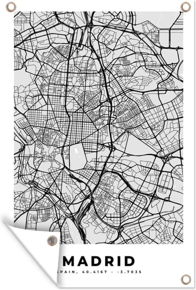 Muurdecoratie Madrid - Zwart Wit - Stadskaart - Plattegrond - Kaart - 120x180 cm - Tuinposter - Tuindoek