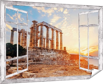 Gards Tuinposter Doorkijk Tempel van Poseidon in Athene, Griekenland - 180x120 cm - Tuindoek - Tuindecoratie - Wanddecoratie buiten - Tuinschilderij