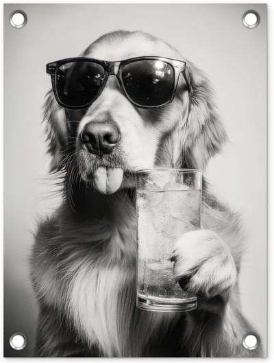 Tuinposter 30x40 cm - Tuindecoratie Golden retriever - Hond - Zonnebril - Gkas - Poster voor in de tuin - Buiten decoratie - Schutting tuinschilderij - Tuindoek muurdecoratie - Wanddecoratie balkondoek