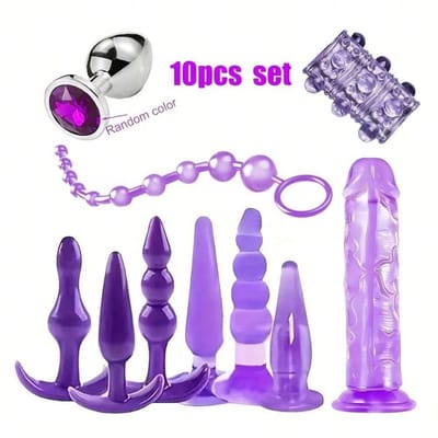Daity Siliconen Buttplug Set 10-delig – Beginners Anale Pluggen Set met Verschillende Maten & Vormen – Flexibel, Huidvriendelijk, Trainingsset met Anaalkralen & Dildo – Seksspeeltje voor Vrouwen & Koppels – Paars
