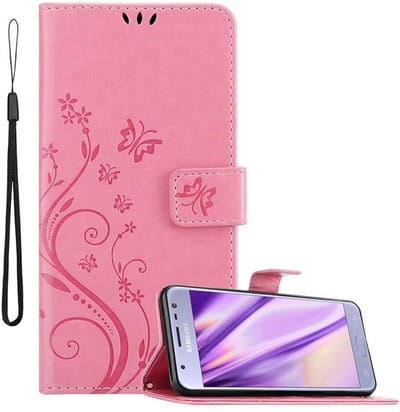 Cadorabo Hoesje geschikt voor Samsung Galaxy J3 2017 in BLOEMEN ROZE - Beschermhoes in bloemmotief met magnetische sluiting, standfunctie en kaartsleuven Book Case Cover Etui