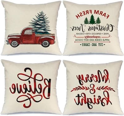 MTTproducts- Kerstkussenslopen 45 x 45 cm - 4 stuks - Katoenen Linnen - Aquarelprints - Decoratieve Kussens - Onzichtbare Ritssluitingen - Kussenhoezen