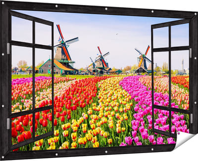 Gards Tuinposter Doorkijk Kleurrijke Tulpen Bloemenveld - Windmolen - 180x120 cm - Tuindoek - Tuindecoratie - Wanddecoratie buiten - Tuinschilderij