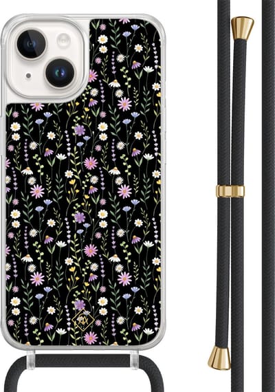 Casimoda® hoesje met zwart koord - Geschikt voor iPhone 14 - Flower Fantasy - Afneembaar koord - TPU/acryl - Zwart