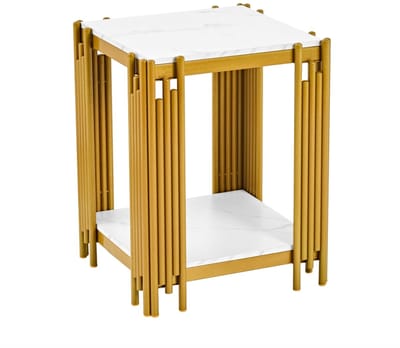 Nachtkastje Goud - Bijzettafel Marmerlook - 2 Planken - Metalen Frame - Glinsterend Effect - Slaapkamer En Woonkamer - 43x40x55 cm - Wit En Goud