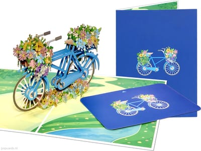Popcards popupkaarten – Schitterende Blauwe Fiets versierd met Bloemen pop-up kaart Wenskaart 3D-kaart Herenfiets