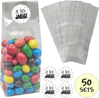 50x Uitdeelzakjes Met Sluitstickers - 50 Stickers & 50 Zakjes - Blokbodemzakjes - Cellofaanzakjes - Traktatie Zakjes - 50 Sets - Ik Ben Jarig!