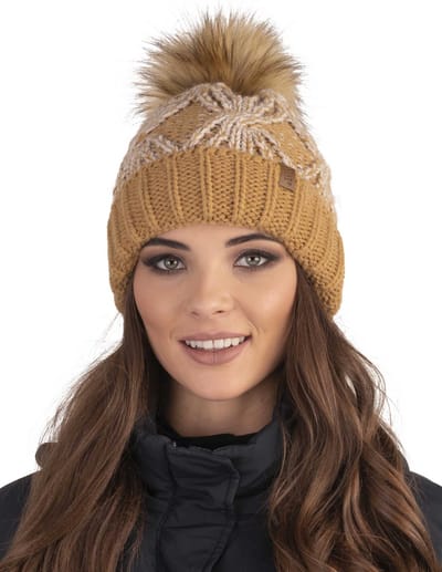 Vivisence Dames Wintermuts - Zachte Fleecevoering En Modieuze Gebreide Steek Met Kunstbont Pompon - Zit Comfortabel Blijft Goed Op Het Hoofd En Beschermt Tegen Koude Dagen Zonder Statisch Haar - Beige