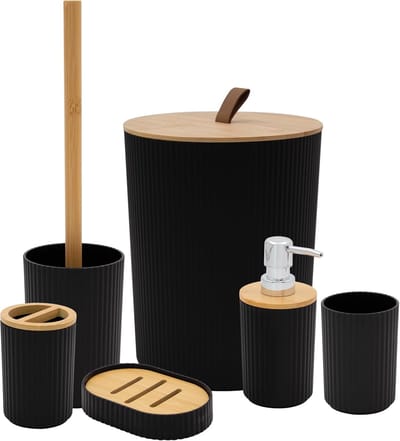 Famanu - Badkameraccessoireset, moderne badkamerbenodigdheden, set met tandenborstelhouder, afvalbak, toiletborstel, beker, zeepbakje en zeepdispenser (zwart)