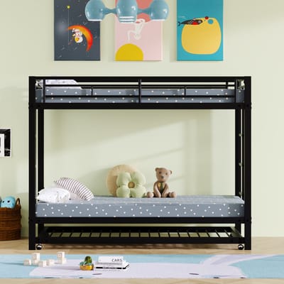 VVBV Metalen Stapelbed 90x200 cm met Uitschuifbed, EN747 - Voor Kinderen/Tieners, Uitvalbeveiliging - Metaal Zwart