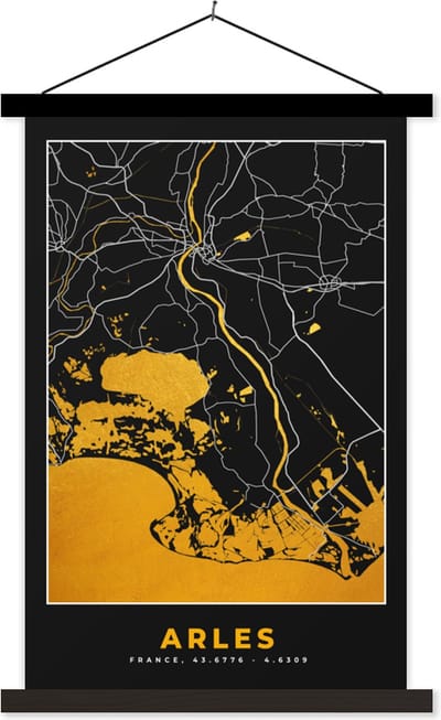 Posterhanger incl. Poster 40x60 cm - Schoolplaat - Kaart – Stadskaart – Arles - Plattegrond – Frankrijk - Textielposter - Zwarte latten - Stadskaart