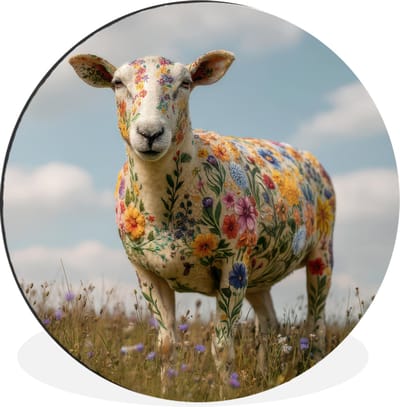 WallCircle - Wandcirkel - Muurcirkel - Schaap - Bloemen - Weide - Aluminium - Dibond - 30x30 cm - Binnen en Buiten