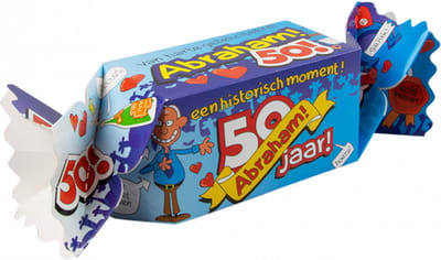Snoeptoffee - 50 jaar - Abraham - Gevuld met Drop - In cadeauverpakking met gekleurd lint