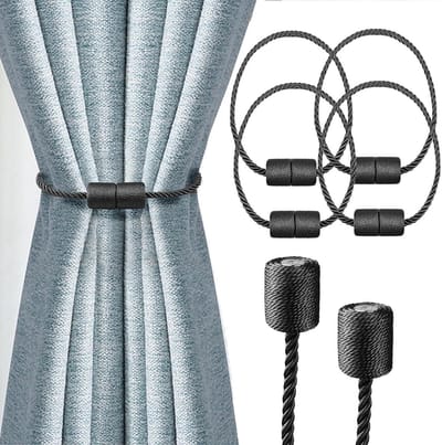 4-delige gordijnband - Magnetisch gordijnkoord - Gordijnhouder - Gordijnbandhaak - Zwart gordijnkoord - Polyester - Zwart