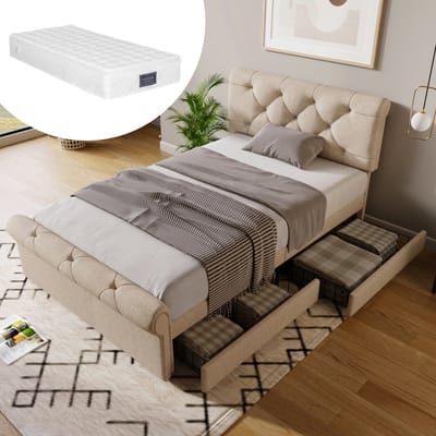 Eenpersoons gestoffeerd bed 90x200cm, bedframe met 2 lades en in hoogte verstelbaar hoofdeinde, functioneel Chesterfield bed, naturel, inclusief matras