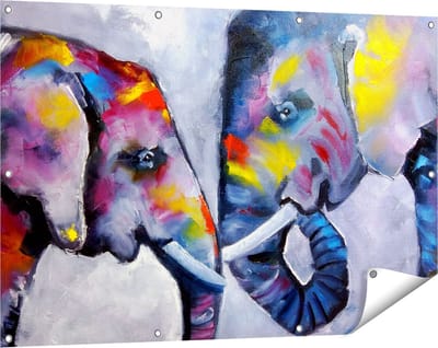 Gards Tuinposter Twee Getekende Olifanten - Abstract - 120x80 cm - Tuindoek - Tuindecoratie - Wanddecoratie buiten - Tuinschilderij