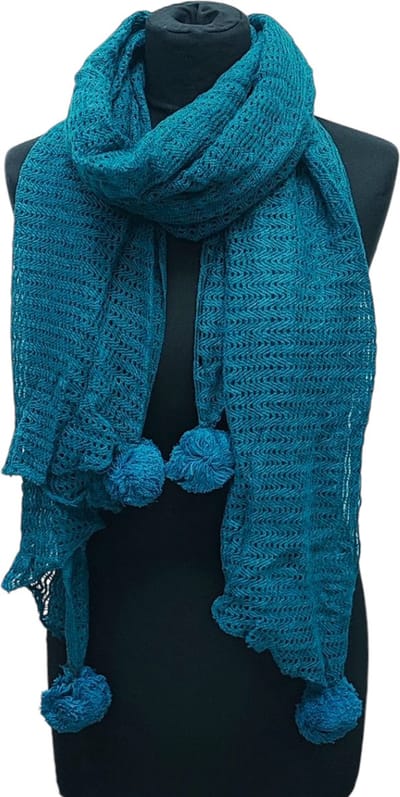 Lange Gebreide Sjaal - Pompon - Petrol - 200 x 65 cm (4637)