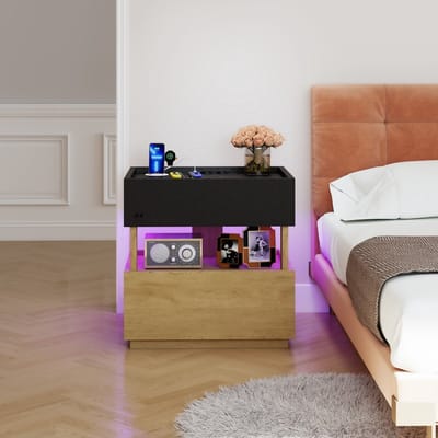 Sweiko Nachtkastje - Dubbel hoog bijzettafel - 2 lades - LED-verlichting - Zwart + Naturel