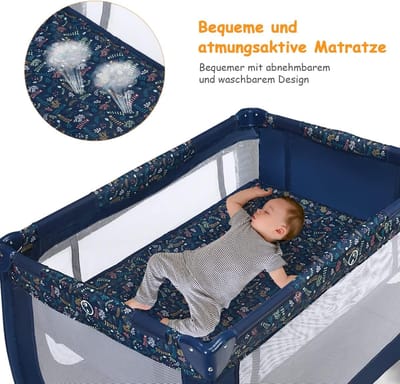 COSTWAY 2-in-1 reisbed en loopstal inklapbaar, 120 x 60 cm, kinderbed, 2 niveaus, babybed met matras en draagtas (blauw)