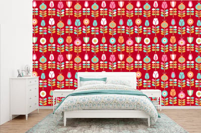 Behang - Fotobehang Patronen - Bloemen - Retro - Rood - Breedte 385 cm x hoogte 240 cm