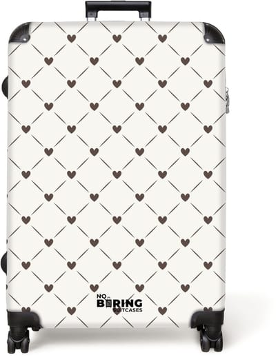 NoBoringSuitcases.com® - Koffer groot - Reiskoffer lichtgewicht - Crèmekleurige achtergrond met bruine hartjes - Rolkoffer met 4 wielen - Grote trolley XL - 98 liter bagage