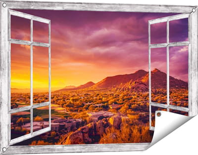 Gards Tuinposter Doorkijk Woestijn Landschap met Zonsondergang - 90x60 cm - Tuindoek - Tuindecoratie - Wanddecoratie buiten - Tuinschilderij
