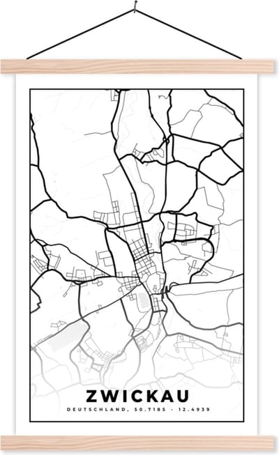 Posterhanger incl. Poster 40x60 cm - Schoolplaat - Zwickau - Plattegrond - Kaart - Stadskaart - Textielposter - Blanke latten - Stadskaart