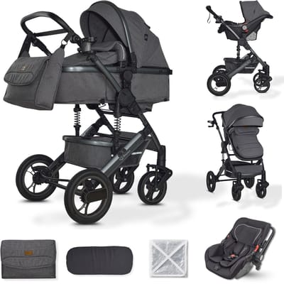 BRONEA® EXQUISE 2.0 Luxe multi-functionele kinderwagen 3 in 1 incl. Autostoel | MATRAS, Buggy, Luiertas, Voetenwarmer, Regenhoes, Muggen net & Zonneklep | grey/grey