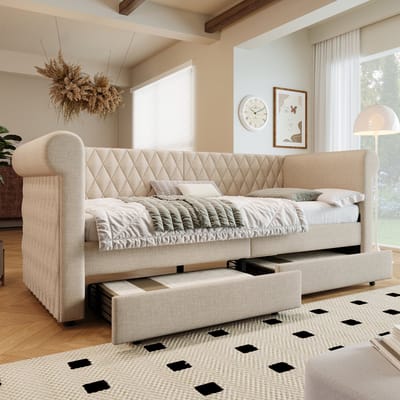 Vintage gestoffeerd bed met hoofdbord, slaapbank 90x200 cm, slaapbank met 2 opberglades, kinderbed, tienerbed, bedframe met lattenbodem van hout, linnen, beige (zonder matras)