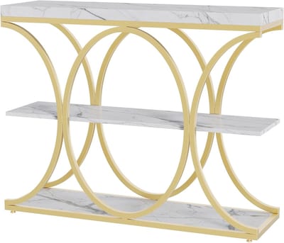Console Tafel, 99 cm lange consoletafel met 3 opberg niveaus, halvemaanvormig metalen frame, bijzettafel, afmetingen 100(l) x 30(b) x 80(h) cm, goudkleurig / wit