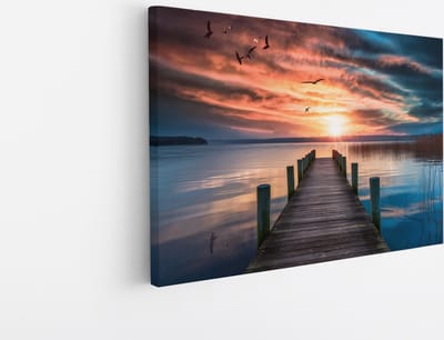 Saammp Canvas Schilderij - Steiger met vogels - Landschap - Natuur - 45x30 - Foto op canvas - Wanddecoratie - Muurdecoratie Woonkamer - Slaapkamer decoratie - Canvas Print