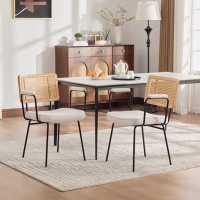 Eetkamerstoelen - 2Stuks - Chenille Armleuningen - Houtfrm Rattan Verstelb Poten - Chenille Ht Mt - Ivoor