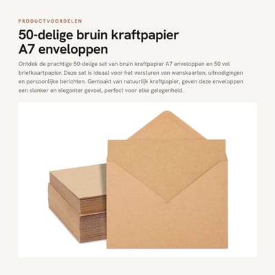 Dailygoods- Enveloppen 50-delig Kraft A7 - Wenskaartenpapier 50 vel - 120 GSM - V-flap - Voor uitnodigingen - Natuurlijk kraftpapier - Wenskaarten