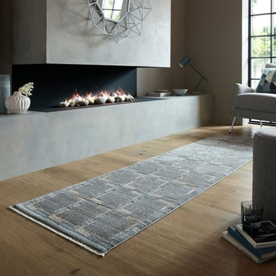 Flycarpets Loper - Laagpolig Modern vloerkleed - Evelyn Geblokt - Grijs / Beige / Blauw 66 x 240 cm