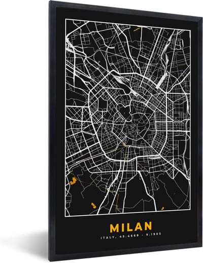 Fotolijst incl. Poster - Kaart - Milaan - Plattegrond - Goud - Stadskaart - 40x60 cm - Posterlijst