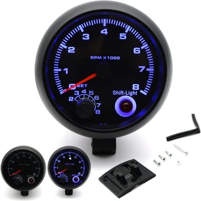 3,75'' Auto Universele Zwarte Toerenteller Gauge Blauw Inter Shift licht 0-8000 RPM zwart