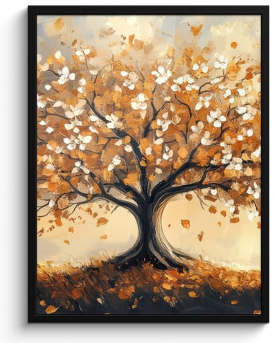 Poster in lijst - Fotolijst 50x70 cm - Posters - Herfst - Boom - Oranje - Bladeren - Levensboom - Abstract - Posterlijst zwart - Decoratie - Wanddecoratie woonkamer - Muurdecoratie slaapkamer