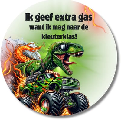 Sticker ‘Ik geef gas naar de kleuterklas’ – 20 stuks – dino – monster truck auto – 40 mm