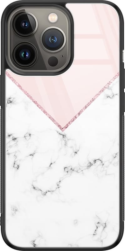 Hoesje geschikt voor iPhone 13 Pro Max - Marmer roze grijs - Luxe Glazen Hardcase - Marmer - Roze - Leuke Telefoonhoesjes