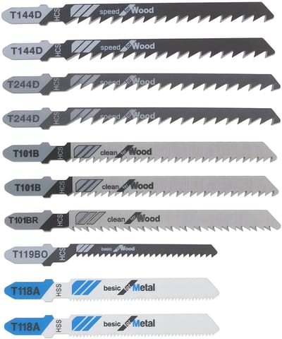 10Pcs Jigsaw Blade Assorted Set T-Shank voor 3-30mm Dikke Hout - 1-3mm Dikke Metaal - T144D T244D T101B T118A T101BR T119BO