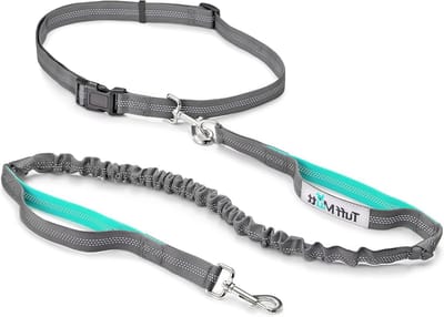 Handsfree Hondenriem - Loopriem Hond Jogging Riem - Hond Uitlaten - Verstelbare Dubbele Handgreep - One Size - Grijs/Blauwgroen