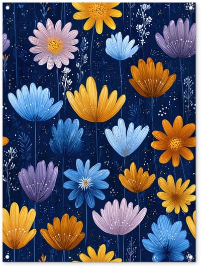 Tuinposter 90x120 cm - Tuindecoratie Bloemen - Patroon - Blauw - Contrast - Poster voor in de tuin - Buiten decoratie - Schutting tuinschilderij - Tuindoek muurdecoratie - Wanddecoratie balkondoek